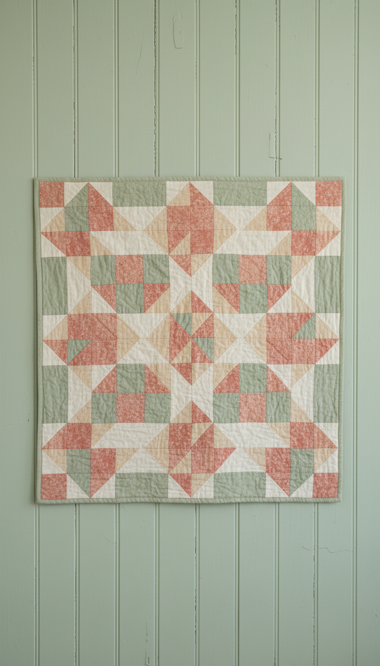 Vintage Patchwork Quilt In Sage And Rose Tones